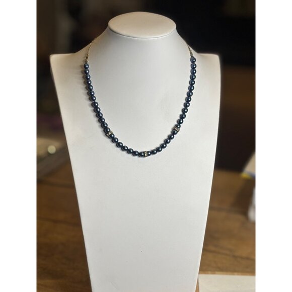 Vintage Blue Faux Pearl Necklace With Rhinestone Accents & Adjustable Hook Clasp - Picture 8 of 10